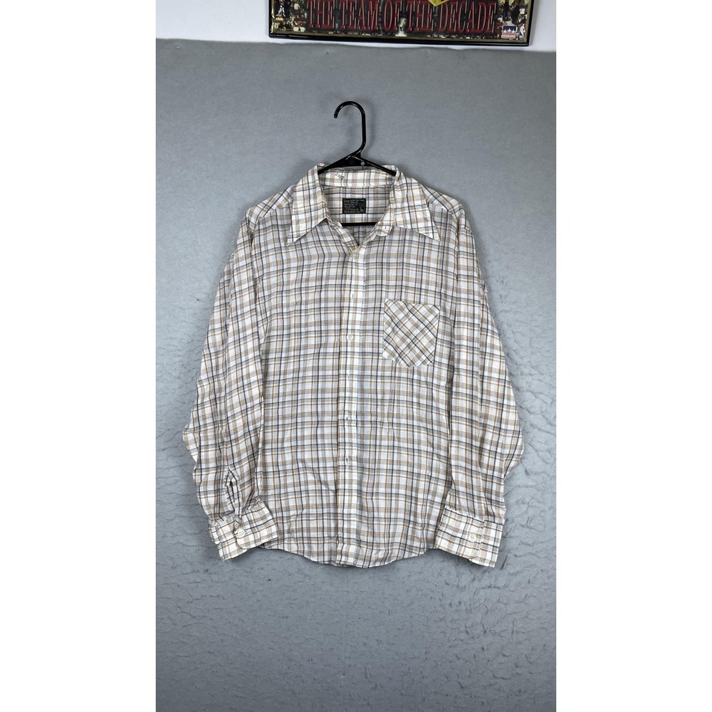 Vintage JCPenney Shirt Mens Large Beige Plaid Long‎ Sleeve Button Front Casual